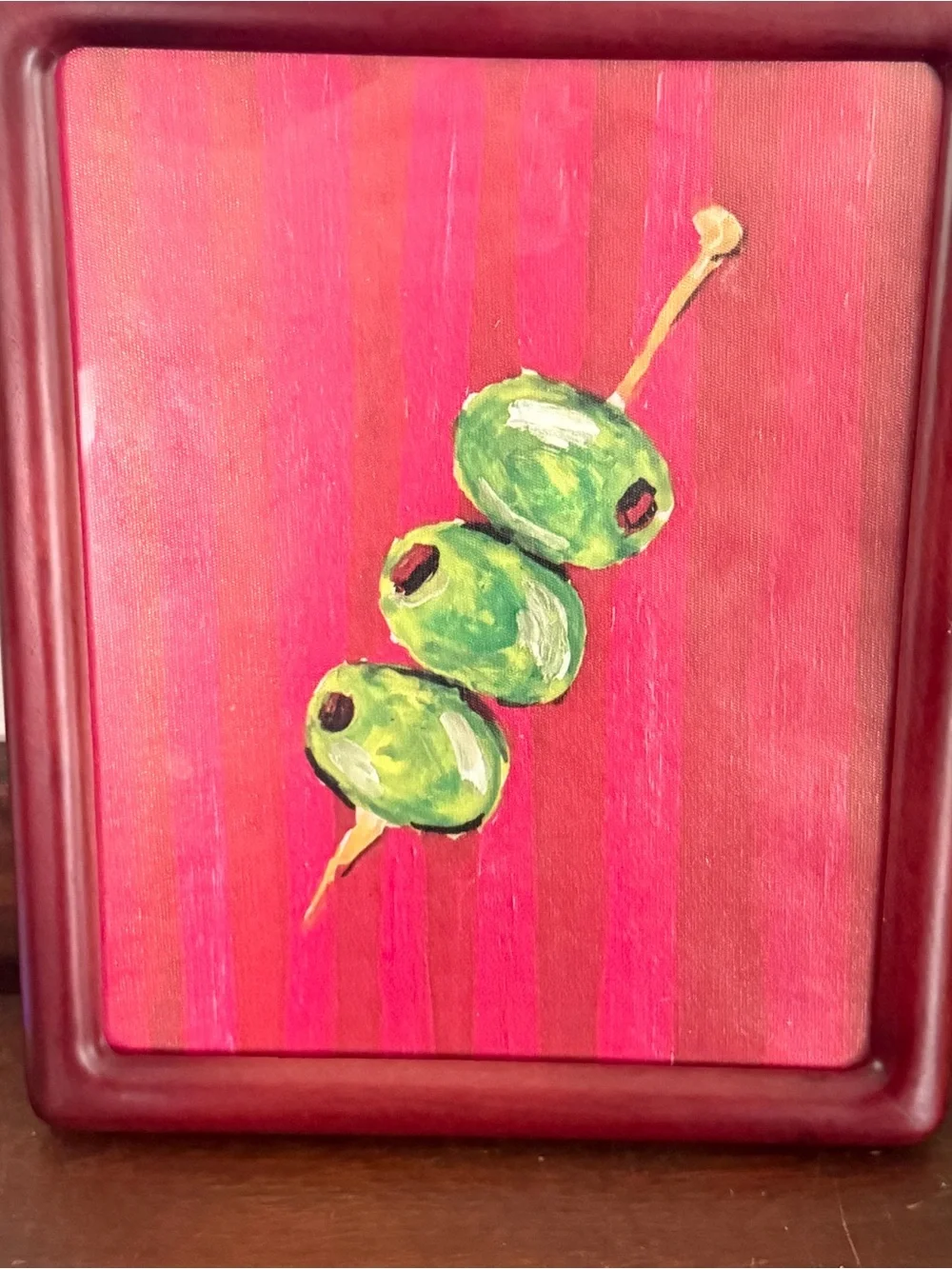 Olives on Toothpick Red & Pink Stripe Canvas Art Print Wood Framed Mediterranean
